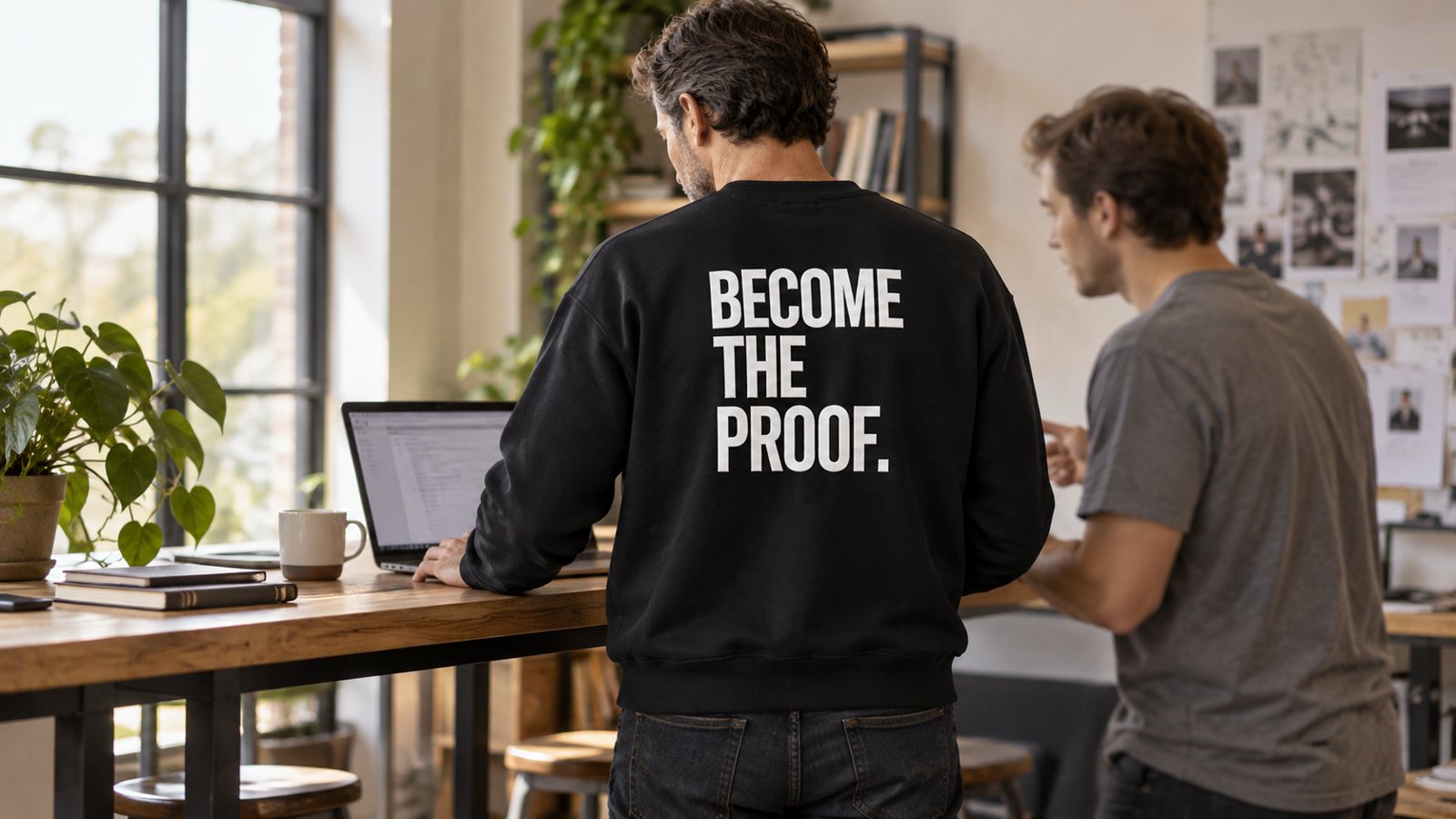 A wearer in the BTP heavyweight crewneck, concept visualization